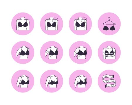 Lingerie flat line icons set. Bra fitting, breast measurement with measuring tape, female body in underwear vector illustrations. Thin signs for clothes store.のイラスト素材