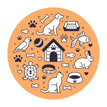 Pet shop vector circle banner with flat line icons. Dog house, cat food, bird, rabbit, fish, animal paw, bowl illustrations. Thin signs for veterinary poster isolated on orange background.のイラスト素材