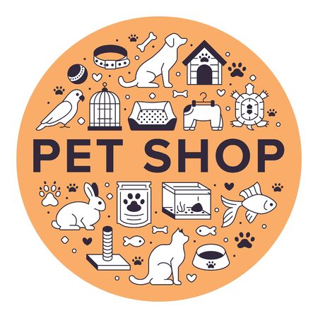 Pet shop vector circle banner with flat line icons. Dog house, cat food, bird cage, rabbit, fish aquarium, animal paw, collar illustrations. Thin signs veterinary poster isolated on orange background.のイラスト素材