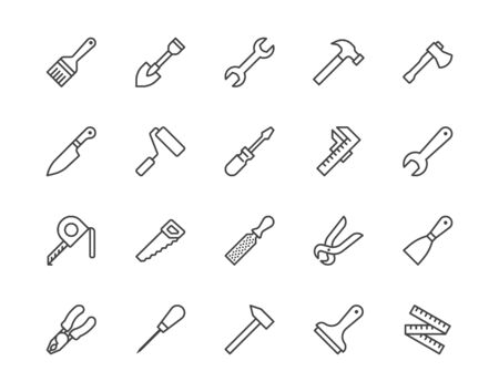 Construction tools flat line icons set. Hammer, screwdriver, saw, spanner, paintbrush vector illustrations. Outline signs for carpenter, builder equipment store. Pixel perfect 64x64. Editable Strokes.のイラスト素材