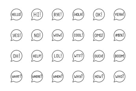 Information speech bubble flat line icons set. Wow, yes, no, omg, curse words exclamation, talk balloon vector illustrations. Outline signs for website popup. Pixel perfect 64x64. Editable Strokes.のイラスト素材