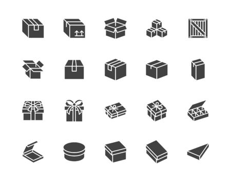 Box flat glyph icon set. Carton, wood boxes, product package, gift vector illustrations. Simple black signs for delivery service. Silhouette pictogram pixel perfect 64x64.のイラスト素材