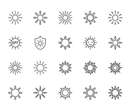 Sun flat line icons set. Sunshine, sunny day, summer heat, morning sunlight, hot weather vector illustrations. Outline signs for uv protection. Pixel perfect 64x64. Editable Strokes.のイラスト素材
