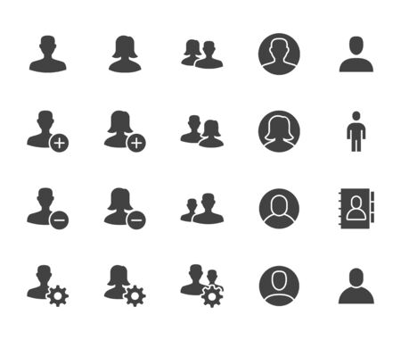 People icons, simple flat glyph set. Man, woman avatar, user profile, contact person, team vector illustrations. Black signs for social network, web site. Silhouette pictogram pixel perfect 64x64.のイラスト素材