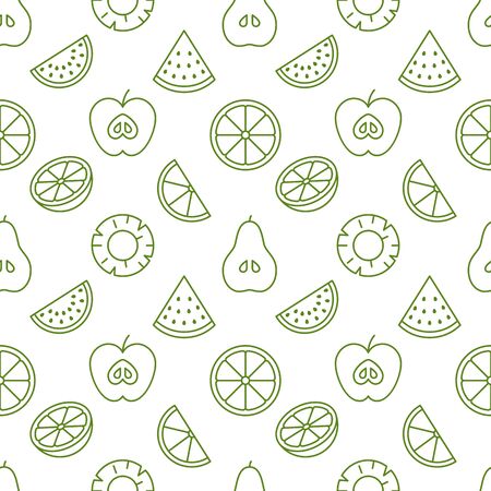 Fruit background, abstract food seamless pattern. Fresh fruits wallpaper with apple, banana, watermelon, lemon line icons. Vegetarian grocery vector illustration, green white color.のイラスト素材