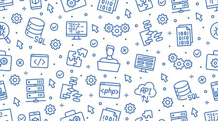 Software development seamless pattern with flat line icons. Programming language background, application, api, computer program develop vector illustration. Outline wallpaper for website design.のイラスト素材