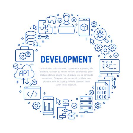 Software development circle poster with flat line icons. Programming language flyer, application, api, computer tester, program develop vector illustration. Outline concept for brochure design.