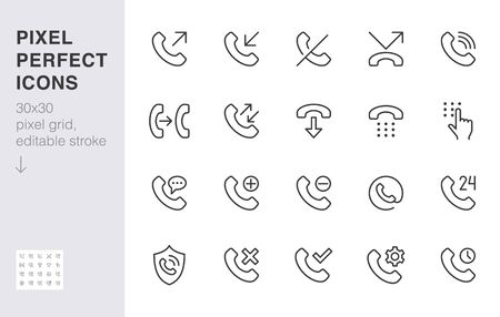 Phone call line icons set. Answer telephone, dial contact, customer service, sms minimal vector illustrations. Simple flat outline sign for web support app. 30x30 Pixel Perfect. Editable Strokes.のイラスト素材