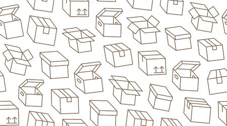 Delivery box background, cargo package seamless pattern. Various open and closed cardboard boxes, parcel flat line icons. Warehouse, storage vector illustration brown white color.のイラスト素材