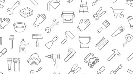 Building tools background, repair equipment seamless pattern with flat line icons of paintbrush, wrench, screwdriver, hammer and others. Construction works vector illustration black white color.のイラスト素材