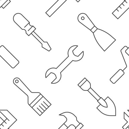 Building tools background, repair equipment seamless pattern with flat line icons of paintbrush, wrench, screwdriver, hammer and others. Construction works vector illustration black white color.のイラスト素材