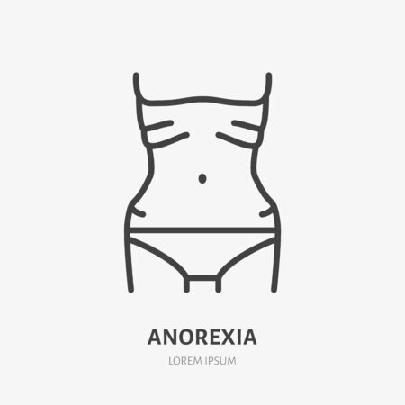 Anorexia line icon, vector pictogram of woman with eating disorder. Girl having body underweight illustration, weight loss sign for medical poster.のイラスト素材