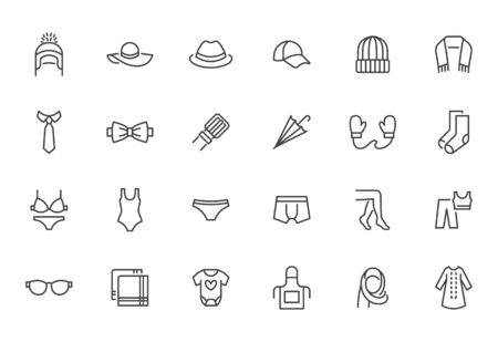 Clothing accessory line icon set. Bow tie, handkerchief, woman hat, sunglasses, umbrella, hijab minimal vector illustrations. Simple outline signs for fashion app. Pixel Perfect. Editable Stroke.のイラスト素材