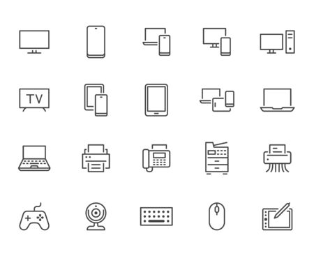 Devices line icons set. Computer, laptop, mobile phone, fax, scanner, smartphone minimal vector illustrations. Simple flat outline sign for web, technology app. Pixel Perfect. Editable Strokes.のイラスト素材