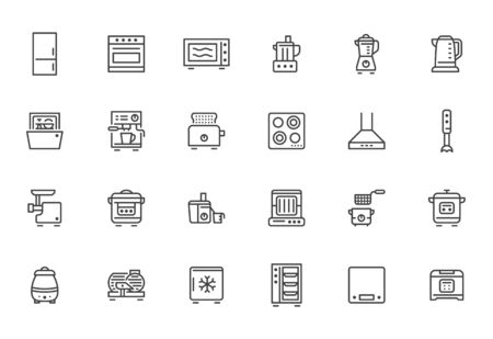 Kitchen appliance line icon set. Oven, mixer, dishwasher, food processor, steamer minimal vector illustrations. Simple outline signs of cooking equipment. Pixel Perfect. Editable Strokes.のイラスト素材