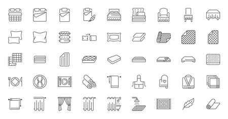 Bedroom linen flat line icons set. Double bed, cushion, blanket, sheets, pillow, mattress topper, curtain, bathrobe vector illustrations. Outline signs of house textile, editable stroke.のイラスト素材