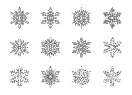 Christmas snowflakes collection isolated on white background. Cute hand drawn snow icons with intricate cut out silhouette. Nice line doodle decorative element for New year banner, cards or ornament.のイラスト素材