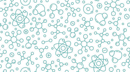 Molecule background, abstract science seamless pattern. Medical, chemistry wallpaper with atom line icons. Scientific research vector illustration, blue white color.のイラスト素材