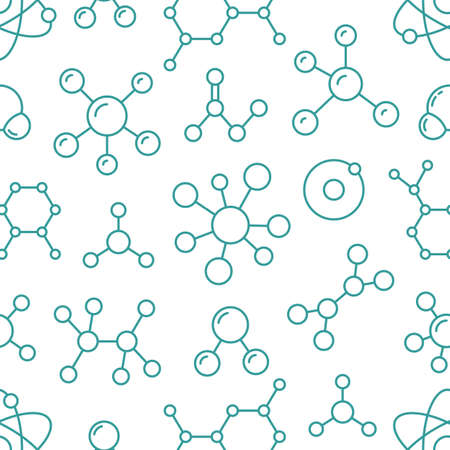 Molecule background, abstract science seamless pattern. Medical, chemistry wallpaper with atom line icons. Scientific research vector illustration, blue white color.のイラスト素材