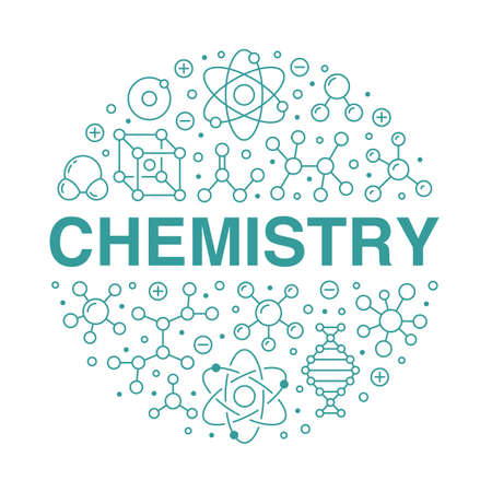 Molecule circle banner, abstract science background. Medical, chemistry poster with atom line icons. Scientific research vector illustration, blue white color.のイラスト素材