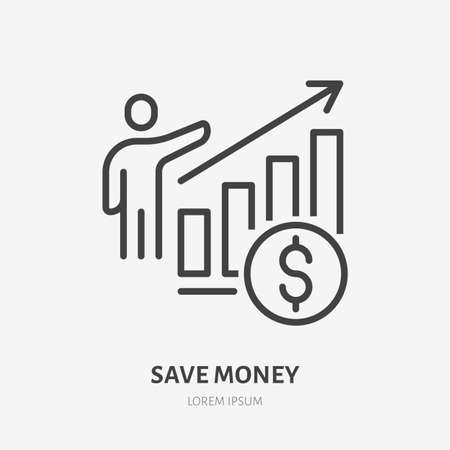 Revenue growth line icon, vector pictogram of economic graph, profit increase. Businessman with sales report stroke sign for finance development.のイラスト素材