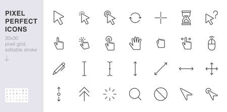 Cursor line icon set. mouse click, hand tap, arrow pointer, type here, scroll, hourglass, finger minimal vector illustration. Simple outline sign for selection. 30x30 Pixel Perfect Editable Stroke.のイラスト素材
