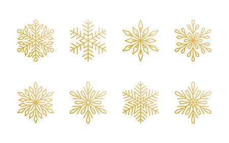 Christmas snowflakes collection isolated on white background. Cute gold gradient snow icons with intricate silhouette. Nice line doodle decorative element for New year banner, cards or ornament.のイラスト素材