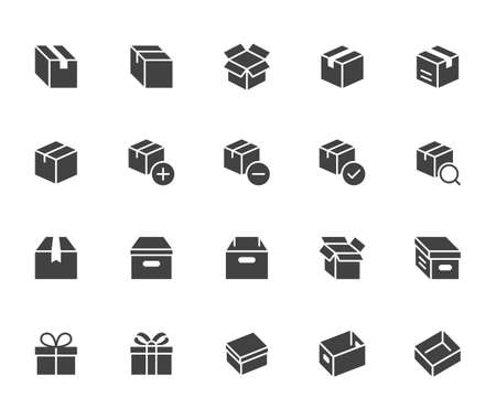Box silhouette icon set. Carton, cardboard boxes, product package, gift, parcel, freight shipping minimal vector illustrations. Simple black solid signs for delivery service application.のイラスト素材