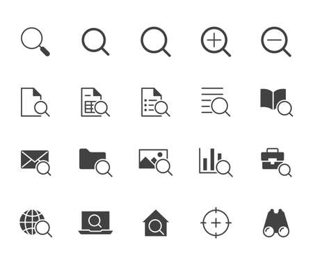 Search flat icons set. Zoom, find document, magnify glass symbol, look tool, binoculars minimal glyph silhouette vector illustrations. Simple black solid signs for web interface.のイラスト素材