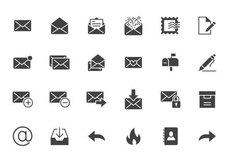 Email flat icons set. Letter, spam mail, open envelope, postage stamp, mailbox, new document minimal glyph silhouette vector illustrations. Simple black solid signs for web interface.のイラスト素材