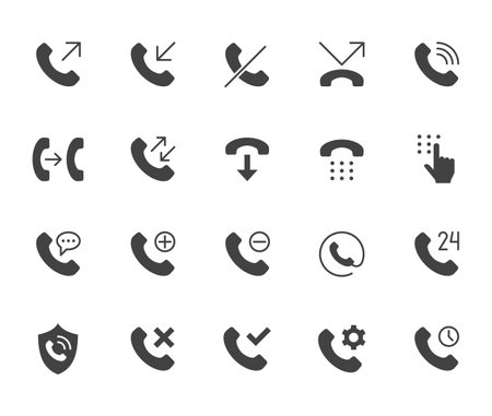 Phone call flat icons set. Answer telephone, dial contact, customer service, sms black minimal silhouette vector illustrations. Simple flat glyph sign for web support app.のイラスト素材