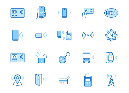 NFC line icon set. Near Field Communication technology, contactless payment, card with chip minimal vector illustration. Simple outline signs for smartphone pay. Blue color, Editable Stroke.のイラスト素材