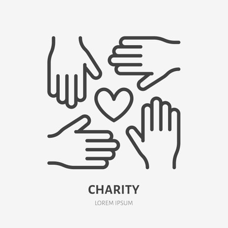 Volunteer organization flat line icon. Vector outline illustration of hands and heart. Black color thin linear sign for charity unity.のイラスト素材