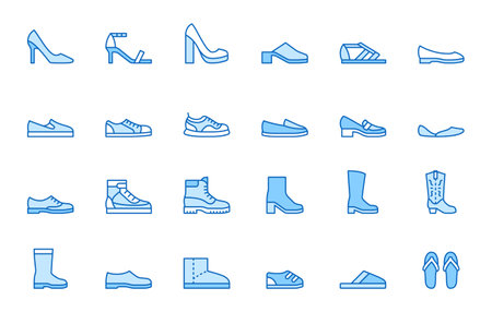 Shoe line icon set. High heels sandal, cowboy boots, hiking footwear, sneakers, slipper minimal vector illustrations. Simple outline signs for fashion application. Blue color, Editable Stroke.のイラスト素材