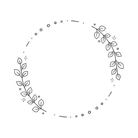 Floral circle wreath with leaves. Plant round frame with tree branch. Minimal line hand drawn doodle illustration. Black and white colorのイラスト素材