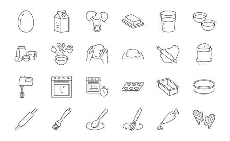 Baking doodle illustration including icons - mixer, glass, preheat oven, form, butter, egg, milk, rolling pin, whisk, confectionery bag, stove. Thin line art about pastry kitchenware. Editable Strokeのイラスト素材