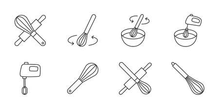 Whisk doodle illustration including icons - rolling pin, mixer, bowl. Thin line art about dough. Editable Strokeのイラスト素材