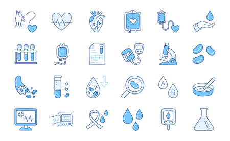 Medical blood doodle illustration including icons - transfusion, sphygmomanometer, glucometer, cardiology, microscope, laboratory tube. Thin line art about hematology. Blue Color, Editable Strokeのイラスト素材