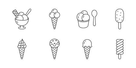 Ice cream doodle illustration including icons - eskimo, sundae, waffle cone, cold sorbet scoop, cup, bowl, spoon. Thin line art about frozen dessert. Editable Strokeのイラスト素材