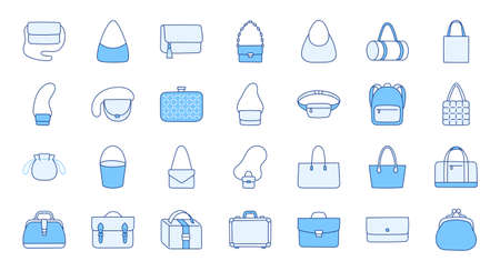 Women bags illustration including icons - purse, handbag, fashion clutch, business briefcase, backpack, leather suitcase, shopper. Thin line art about clothes accessory. Blue Color, Editable Strokeのイラスト素材