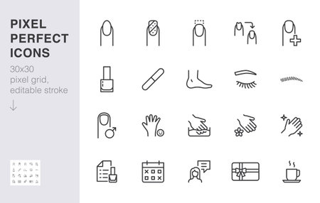 Manicure line icon set. Nail polish, pedicure, repair, eyebrow coloring, eyelash extension minimal vector illustration. Simple outline sign for beauty salon app ui 30x30 Pixel Perfect Editable Strokeのイラスト素材