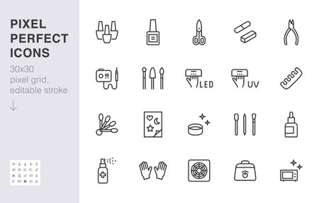 Manicure line icon set. Pedicure tools - uv lamp, nail polish, cuticle oil, rub, hood minimal vector illustration. Simple outline sign for beauty salon app ui 30x30 Pixel Perfect Editable Strokeのイラスト素材