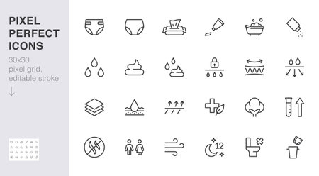 Diaper line icon set. Baby pants feature - absorption, breathable, cotton, poo pee, bath minimal vector illustration. Simple outline sign for nappy package. 30x30 Pixel Perfect, Editable Strokeのイラスト素材
