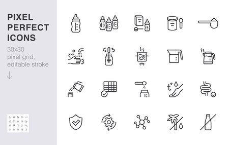 Baby food line icon set. Infant formula - bottle, wash hands, sterilize, digestion minimal vector illustration. Simple outline sign for powder milk package. 30x30 Pixel Perfect, Editable Strokeのイラスト素材