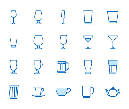 Glass illustration including icons - beer mug, whiskey shot, wineglass, teapot minimal vector illustration. Simple thin line art about cocktail, beverage. Blue Color, Editable Strokeのイラスト素材