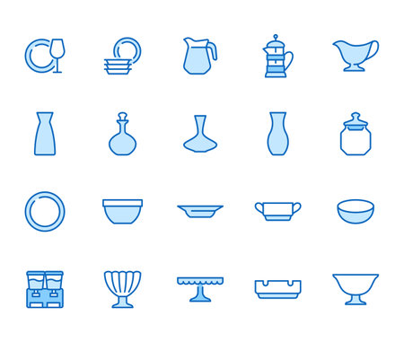 Glass illustration including icons of Tableware - plate, jug, dish, ashtray, bowl, decanter, wineglass minimal vector illustration. Simple thin line art about dinnerware. Blue Color, Editable Strokeのイラスト素材