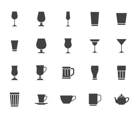 Glass flat illustration including icons as drink glassware type - beer mug, whiskey shot, wineglass, teapot minimal illustration. Simple glyph silhouette art about cocktail, beverage. Black colorのイラスト素材