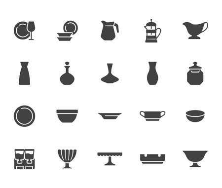 Glass crockery flat icon set. Tableware - plate, jug, dish, ashtray, salad bowl, decanter, wineglass minimal vector illustration. Simple glyph, silhouette sign of dinnerwareのイラスト素材