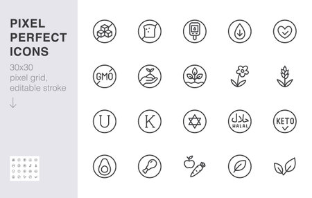Food diet line icon set. Halal, sustainable, local paleo nutrition, diabetic friendly, sugar free minimal vector illustration. Simple outline sign for meal label. 30x30 Pixel Perfect, Editable Strokeのイラスト素材