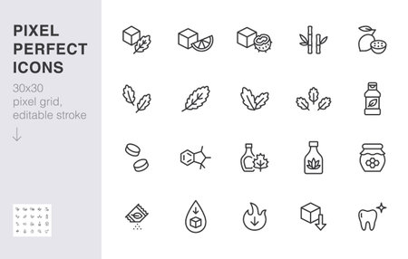 Sweeteners line icon set. Xylitol, cane sugar, fructose, maple syrup, stevia, agave, honey minimal vector illustration. Simple outline sign for sweet ingredients. 30x30 Pixel Perfect, Editable Strokeのイラスト素材